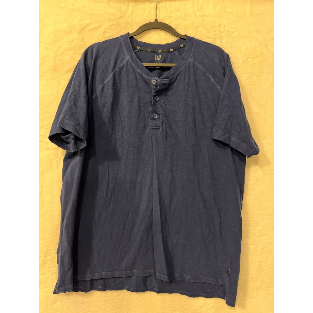 GAP Mens XXL Navy Blue Short Sleeve Henley Shirt 100% Cotton Slub Raglan Tee